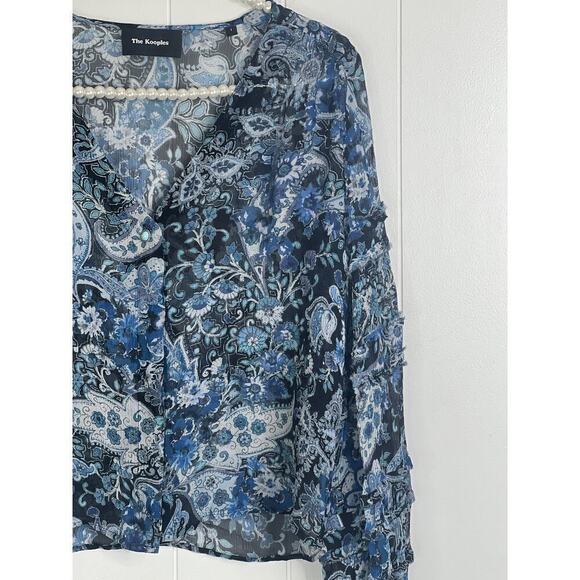 The Kooples Blue V Neck Sheer Paisley Print Cropped Blouse Size 1 FR/US 4 - Picture 3 of 9